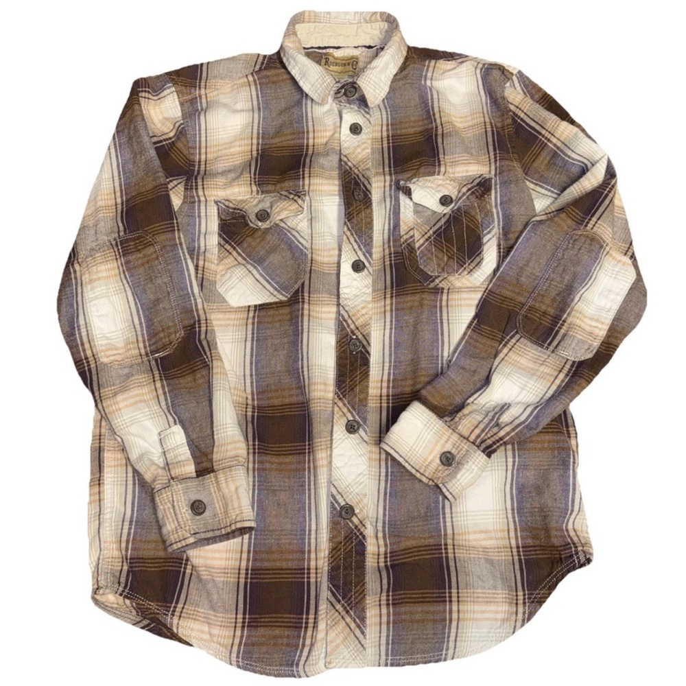 Roebuck & Co Flannel Purple Brown Cream Plaid Medium Western‎ Vintage